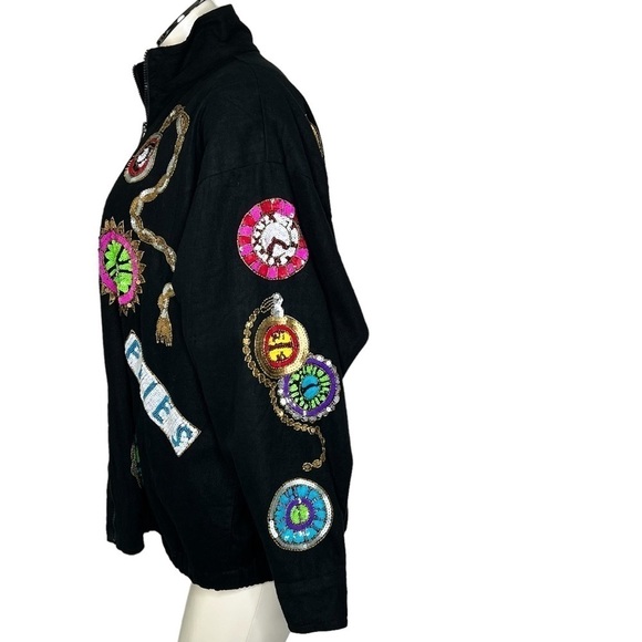 VINTAGE MODI DENIM Black Sequined Time Flies Jacket Coat Women's M 8-10 - Picture 10 of 17
